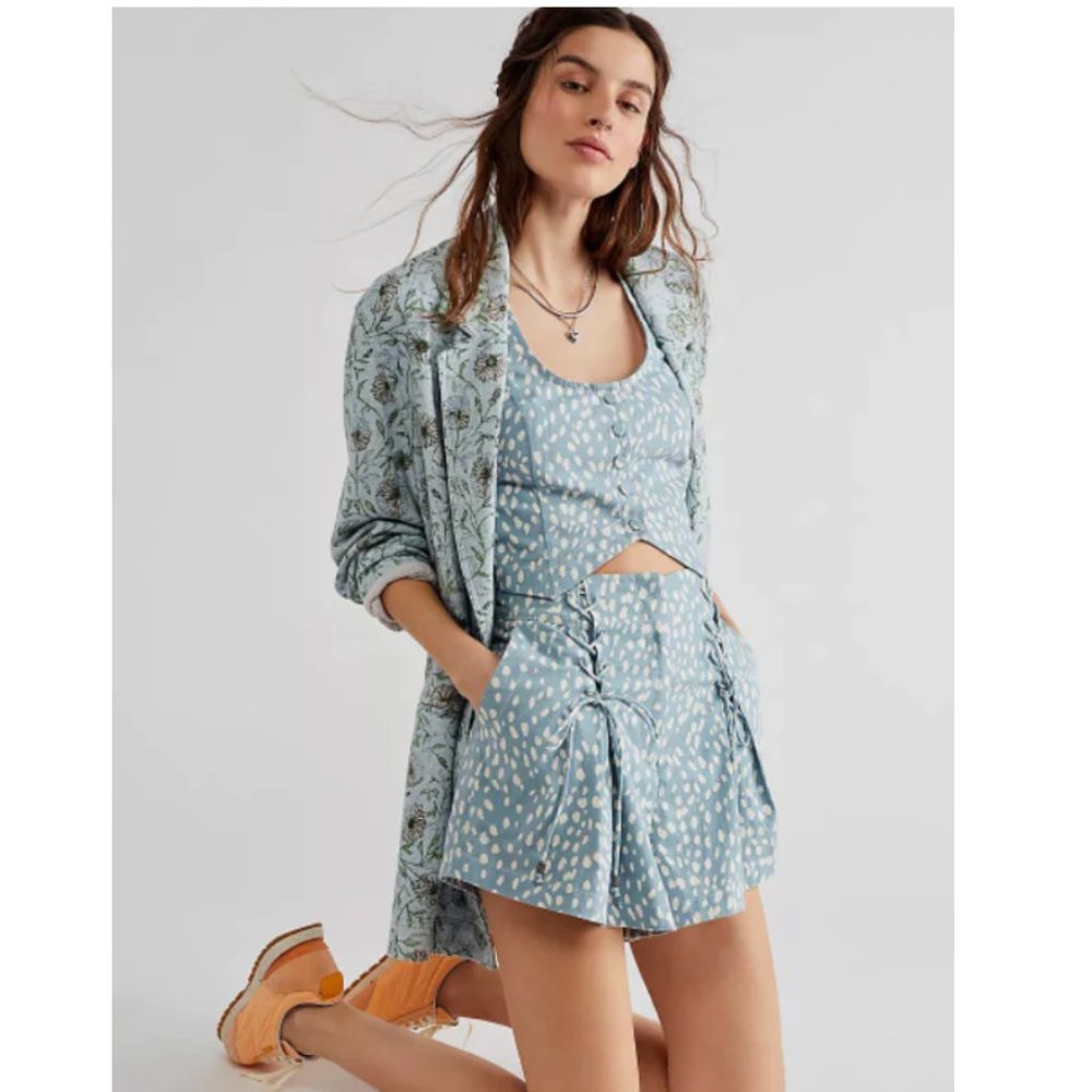 Free People Light Blue Printed High-Rise Drawstring Shorts